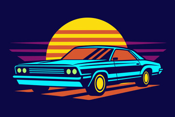 lowrider with bold sun and neon stripe effects vector illustration