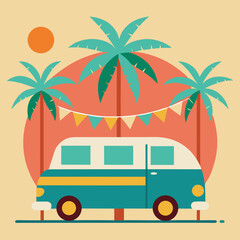 retro car on the beach vector illustration