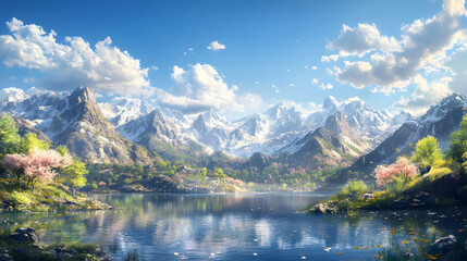Fototapeta premium Serene Mountain Lake with Blossoming Trees and Snow-Capped Peaks