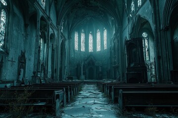 Abandoned gothic church interior slung derelict forsaken outcast