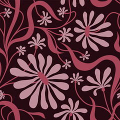 BURGUNDY  SEAMLESS VECTOR BACKGROUND WITH PINK CONVOLVULUS