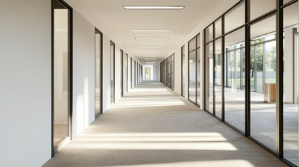 Modern, bright office corridor with glass walls and natural light.