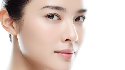 Fototapeta premium Close-up Portrait of Asian Woman with Clear Skin Isolated On White Backdrop