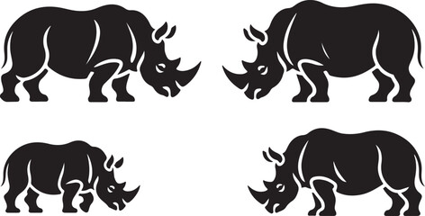 Flat Black Rhino Vector Set Featuring Grazing and Pawprint Icons for Safari Graphics
