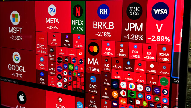 Elektrenai, Lithuania Digital screen displaying a red-dominated stock market heatmap with percentage drops for major companies like MSFT, META, GOOGL, JPM, and V