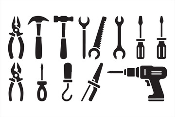 Vector Line Drawing of Diverse Construction Tools Including Hammer, Drill, Screwdriver, Saw and More for Engineering, Carpentry and Home Repair Concepts