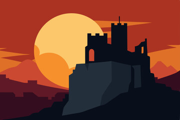 Obraz premium Sunset Silhouette Majestic Castle Ruins on a Clifftop