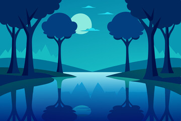 Serene Night Moonlit River Reflections in a Tranquil Forest