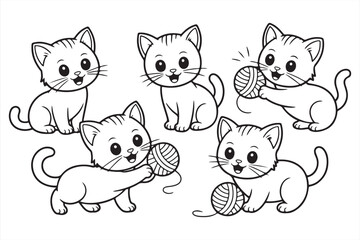 Expressive Cartoon Kittens with Yarn in Playful Black and White Style