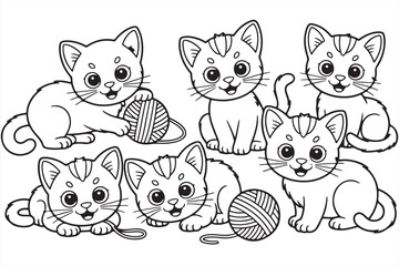 Kawaii Group of Cartoon Kittens Playing with Yarn in Fun Line Art Set