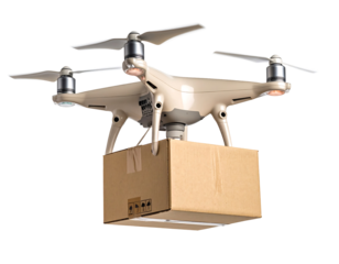 Beige Drone Delivering Brown Package Against Black Background