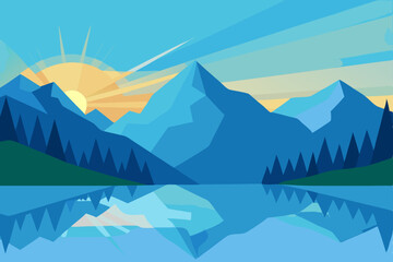 Serene Sunrise Mountain Lake Reflection A Stunning Landscape Illustration