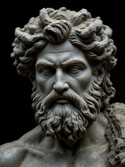 Obraz premium Face of Pan (Faunus in Roman mythology). God of the wild, nature and rustic music. Ancient statue isolated on black background.
