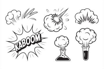 Stylized Chemistry Explosion Icons and Comic Lab Reactions in Line Drawing Format