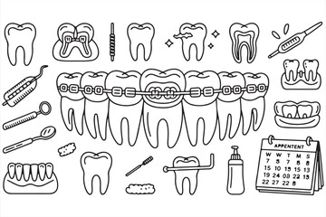 Black Line Illustration of Orthodontic Braces and Dental Tools Including Teeth, Cavity Care, and Hygiene Devices for Educational Use and Medical UI