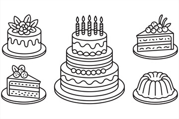 Whimsical Line Art of Assorted Cakes, Cupcakes, and Pies for Coloring or Bakery Branding