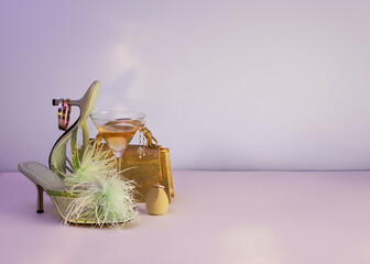 High heels and sparkling clutch rest with a champagne glass and toned background with copy space, summer night party concept