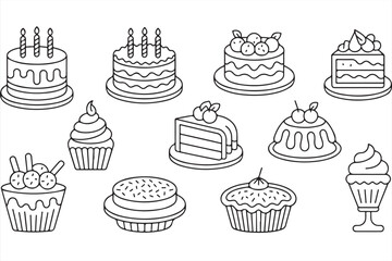 Detailed Cake and Jelly Dessert Outlines in Hand-Drawn Style for Celebration or Menu Design