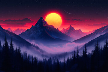 A vibrant, mountain landscape at sunset, with a glowing red sun sinking behind peaks. Misty forest cinematic aesthetic wallpaper digital art