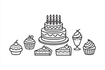 Minimalist Black Line Birthday Cake Scene with Desserts and Cupcakes in a Party Arrangement