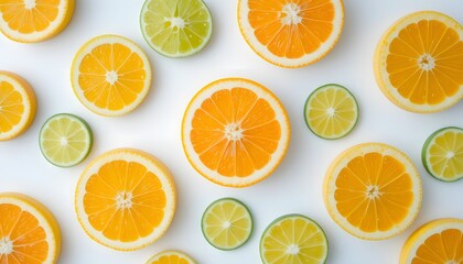 Obraz premium Fresh citrus fruits sliced lemons oranges limes, white background