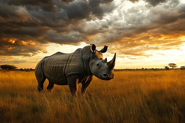A rhino stands in tall, golden grass. Dramatic storm clouds fill the sky, with a warm, setting sun on the horizon.