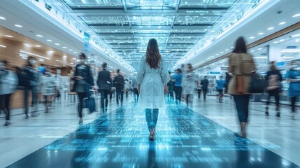 Futuristic medical center hallway, many people, digital overlay