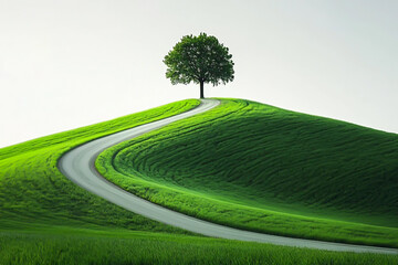 Abstract aesthetic scene of single green tree on green grass. Roadway to field