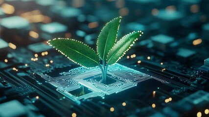 nature conservation concept. A green plant with three leaves grows from the center of a computer chip, blending nature with advanced technology. - Powered by Adobe