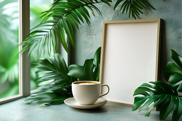 Wooden white canvas mockup. Cozy tropical scene with a cup of coffee. Green leaves near a window.