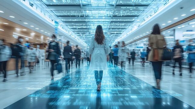 Futuristic medical center hallway, many people, digital overlay - Powered by Adobe