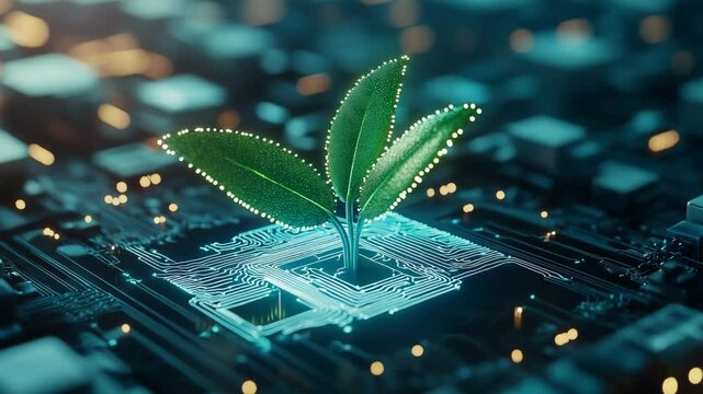 nature conservation concept. A green plant with three leaves grows from the center of a computer chip, blending nature with advanced technology.