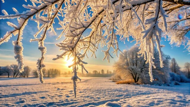 Frosty morning landscape with naturally grown ice crystals hanging from branches of bare trees