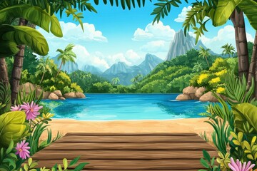 vibrant color visual of wooden boards with lake background