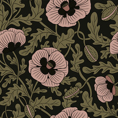 PALE PINK VECTOR BLOOMING POPPIES ON A BLACK BACKGROUND