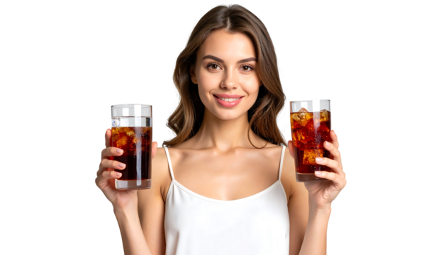 Smiling Woman Holding Iced Drinks Against Transparent Background - Powered by Adobe
