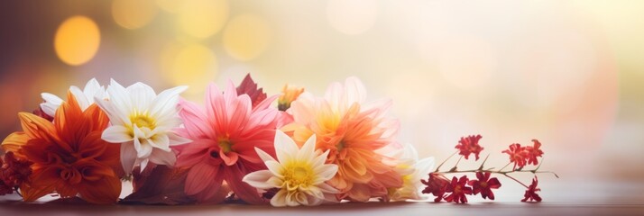 Colorful arrangement of vibrant flowers in various shades, showcasing delicate petals and lush greenery, creating a serene and inviting atmosphere with soft bokeh background
