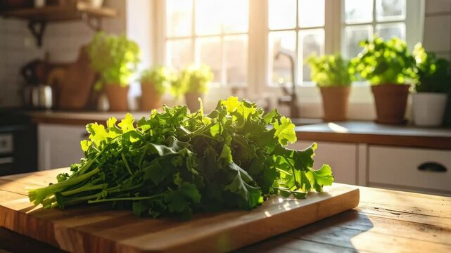 Fresh organic kale on wooden cutting board in bright kitchen with sunlight streaming through window; healthy living and eating concept.