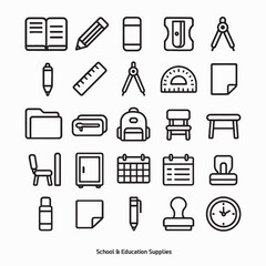 Basic School Essentials Line Icons &ndash; 25 Education Supplies in Modern Bold Style