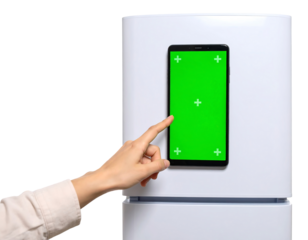 Hand Interacting with Green Screen Smart Fridge Display