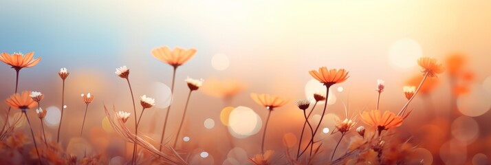 Vibrant field of wildflowers in soft focus, showcasing delicate orange and white petals against a dreamy pastel background, evoking a serene and tranquil atmosphere of nature's beauty