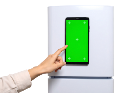 Hand Interacting with Green Screen Smart Fridge Display