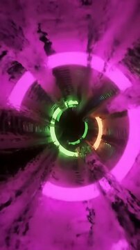 Neon Tunnel Flight: Ascend through glowing, retro synthwave animated corridors in a vertical perspective, ideal for futuristic and vibrant visual effects.