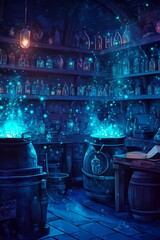 Enchanted potion workshop with glowing cauldrons, shelves filled with mystical bottles, and a magical ambiance, creating a captivating atmosphere for fantasy storytelling