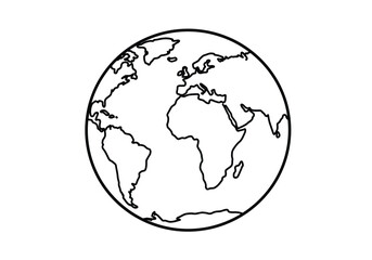 Earth drawing. It is a black and white outline image of the Earth, a simple globe showing continents, representing our planet. Vector sketch line art draw.