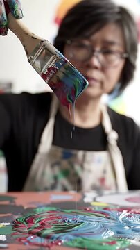 Painters Brush Plunging into Acrylic Paint: A slow-motion, vertical shot capturing an artist dipping their brush into vibrant acrylics&mdash;perfect for creative projects.