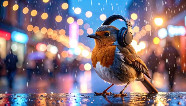 Bird with headphones in a rainy city