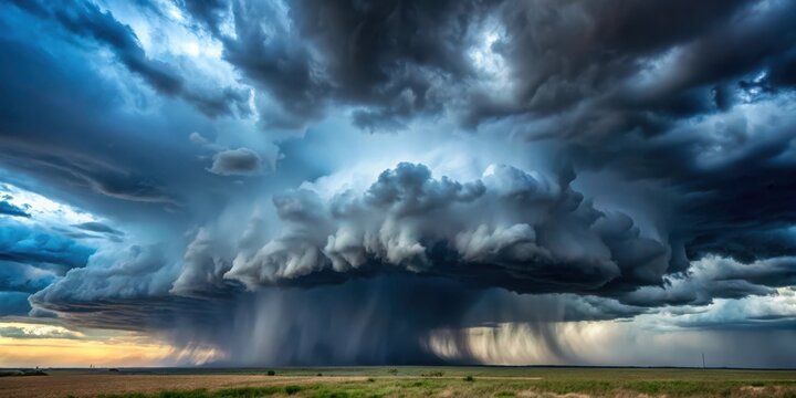 Dark grey storm clouds dominate the sky with heavy rain falling from a low-hanging dark blue thunderhead , cloudy days, ominous atmosphere