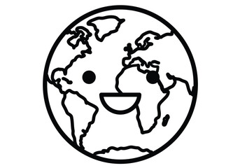 Smiling earth drawing. It is a black and white outline image of a happy globe, a cheerful planet with a smiling face, symbolizing a healthy and thriving Earth. Vector sketch line art draw.