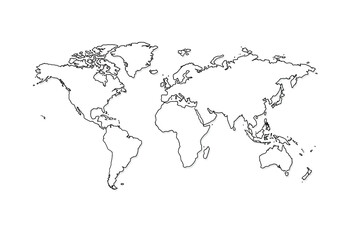 World map drawing. It is a black and white outline image of the world map, showing the continents and landmasses of the entire globe. Vector sketch line art draw.